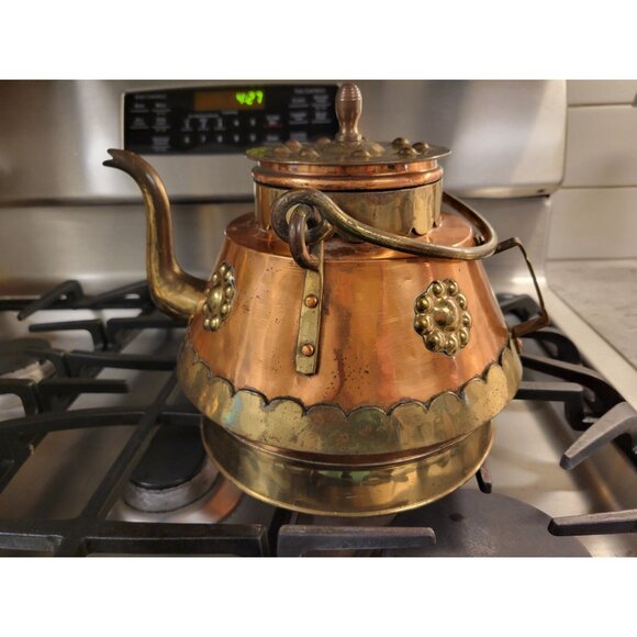 Large Vintage Brass & Copper Teapot Kettle W/ Removable Lid Made in Belgium - Picture 12 of 12